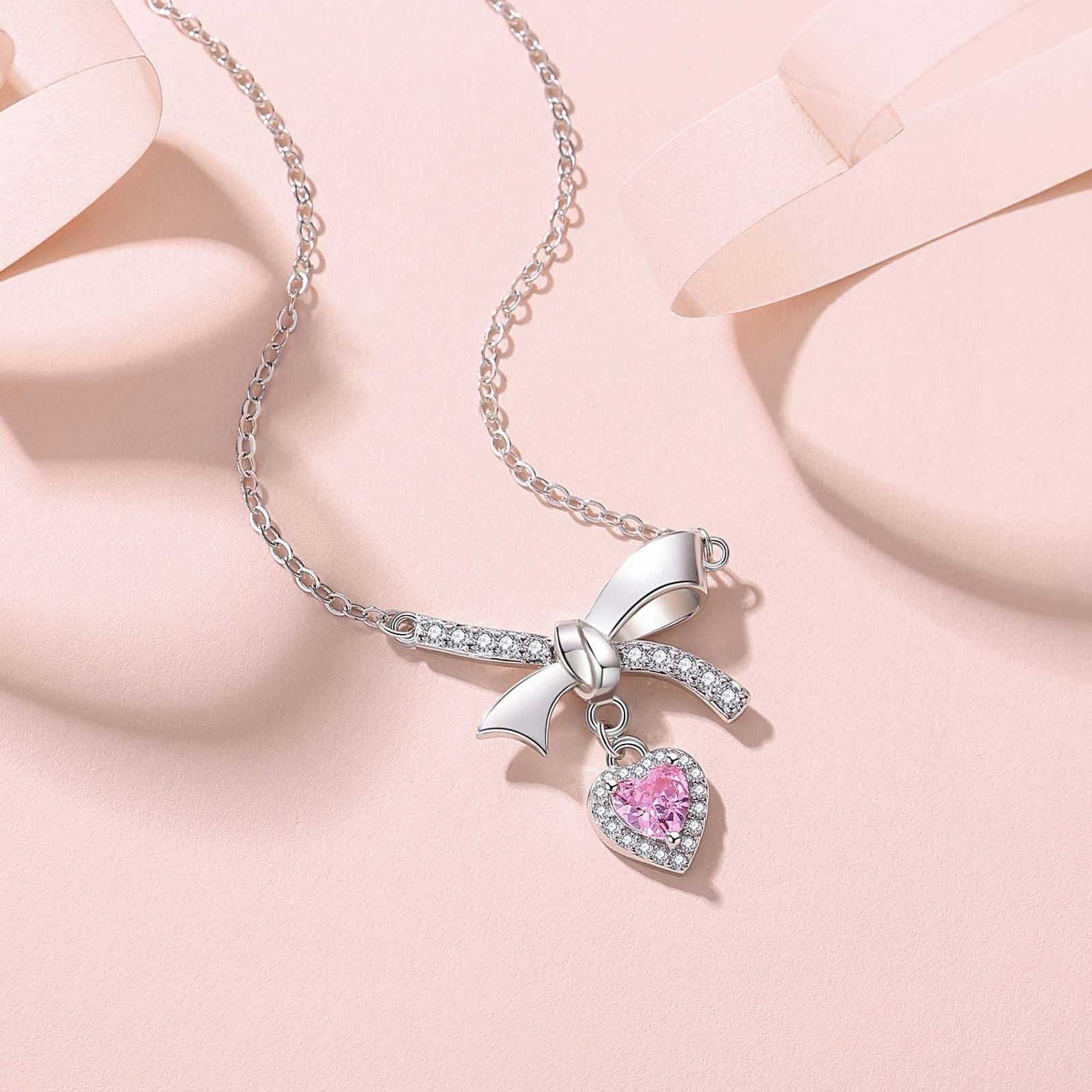 1pcs 999 Sterling Silver Bowknot & Pink Heart Necklace – Elegant Trendy Design, Perfect Valentine's & Birthday Gift
