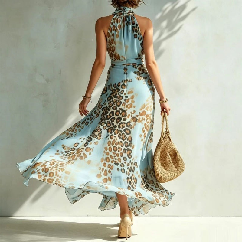 Sleeveless Casual Halterneck Sexy Leopard-print Dress
