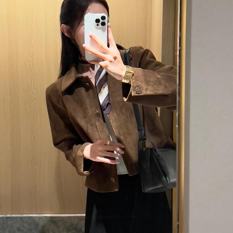 Women’s Retro Faux Suede Short Jacket – Vintage-Style Lightweight Button-Up