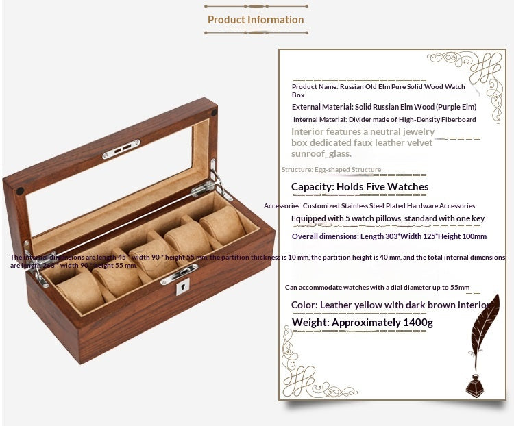 Solid Wood Skylight Watch Box for Display & Storage of Five Mechanical Watches