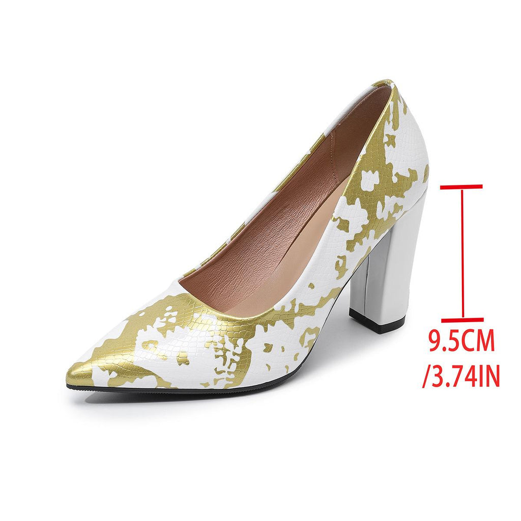 Women's Low-Cut Pumps with Unique Random Prints and Stylish Chunky Heels