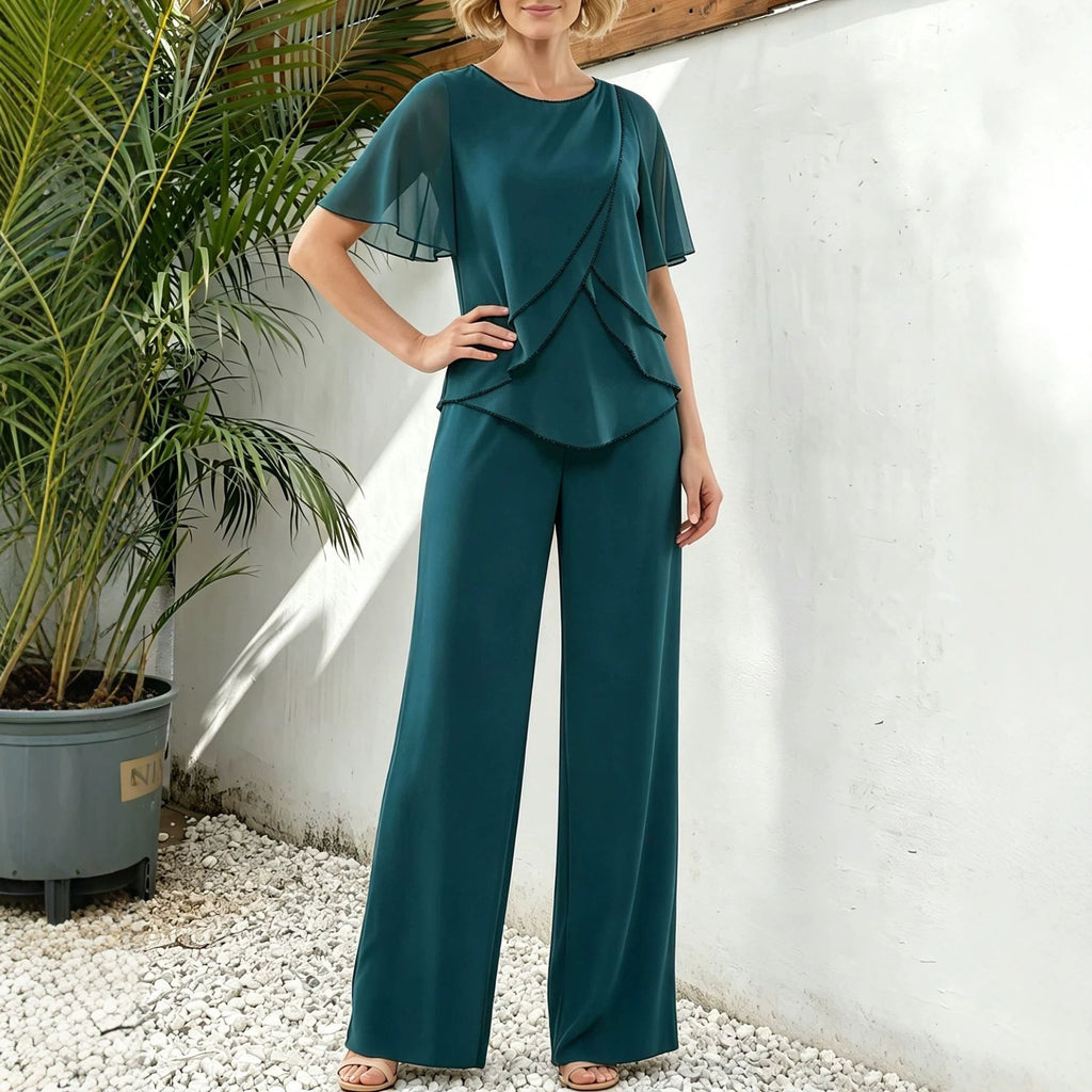 Irregular Hem Top and Straight-Leg Trousers Two-Piece Set
