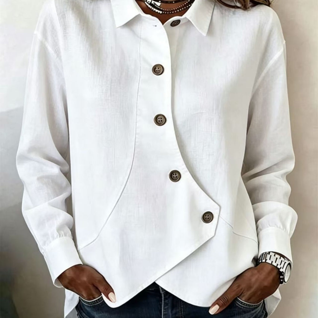 Womens Casual Solid-Color Asymmetrical Long-Sleeve Shirt European And American Style