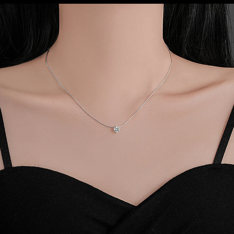 S925 Sterling Silver Moissanite Necklace for Women – Minimalist Four-Prong Setting Choker