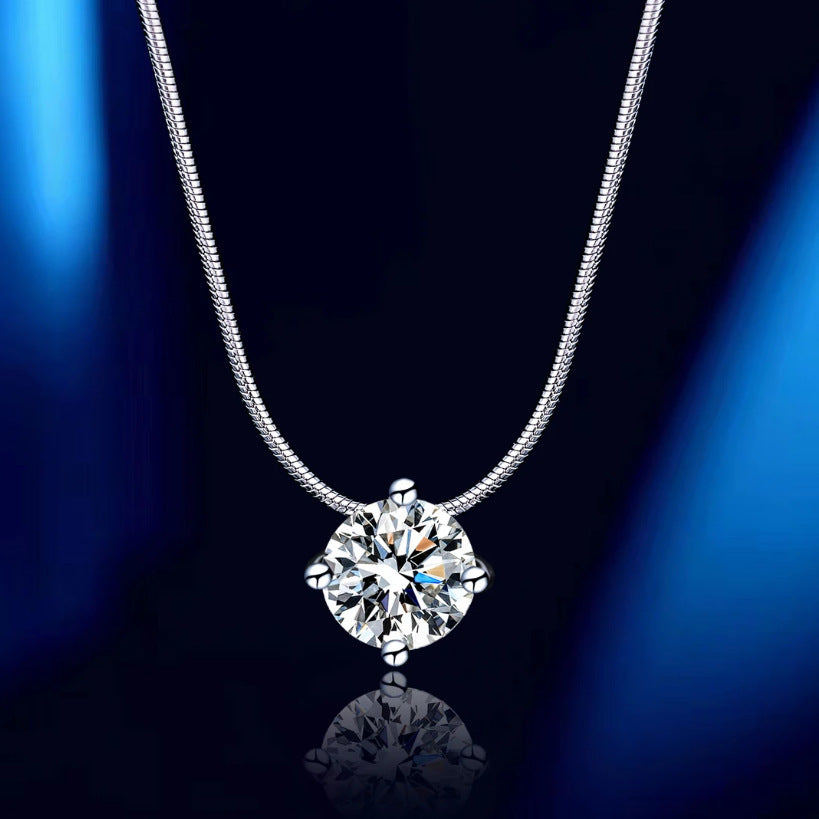 S925 Sterling Silver Moissanite Necklace for Women – Minimalist Four-Prong Setting Choker