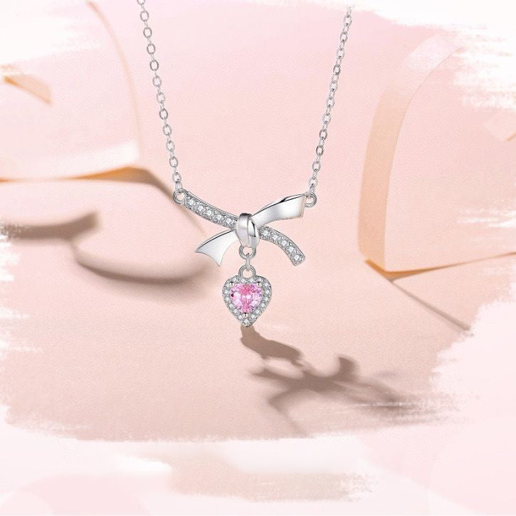 1pcs 999 Sterling Silver Bowknot & Pink Heart Necklace – Elegant Trendy Design, Perfect Valentine's & Birthday Gift