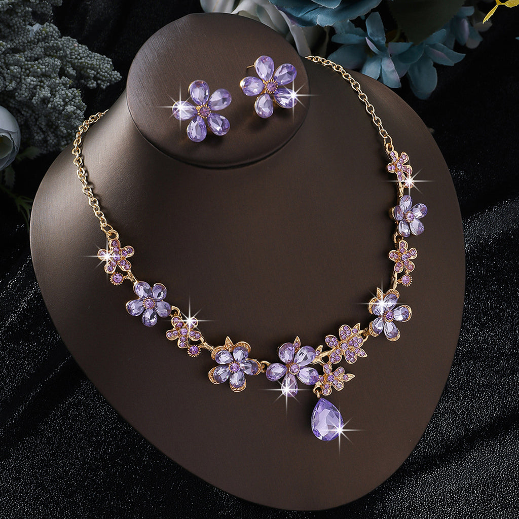 New European & American Alloy Flower Jewelry 2Pcs Set, Luxurious Elegant Cubic Zirconia Necklace & Drop Earrings, Bridal Wedding Banquet Formal Accessories For Women