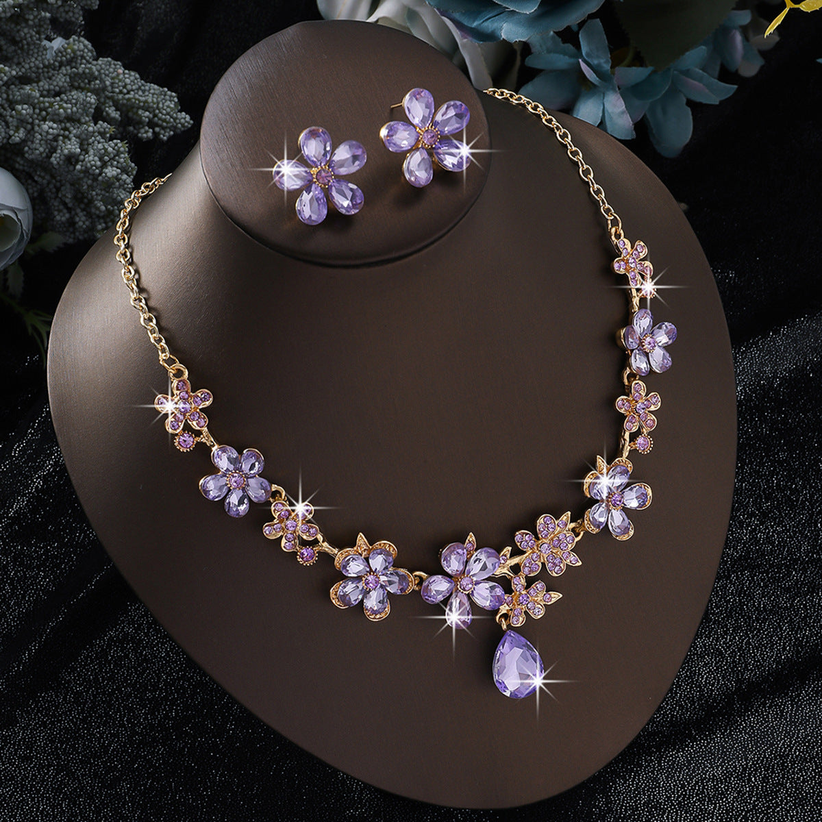 New European & American Alloy Flower Jewelry 2Pcs Set, Luxurious Elegant Cubic Zirconia Necklace & Drop Earrings, Bridal Wedding Banquet Formal Accessories For Women
