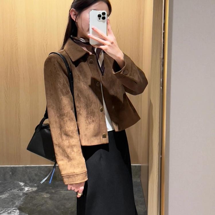 Women’s Retro Faux Suede Short Jacket – Vintage-Style Lightweight Button-Up