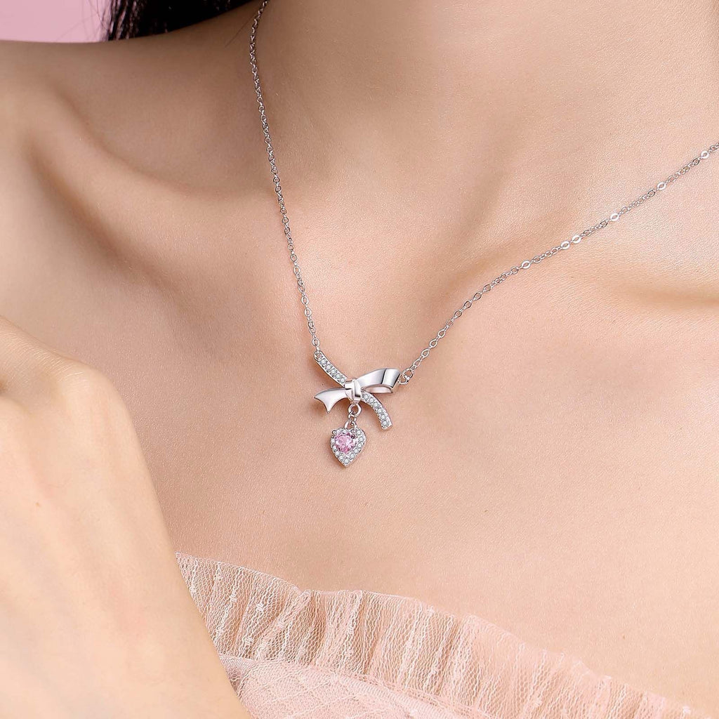 1pcs 999 Sterling Silver Bowknot & Pink Heart Necklace – Elegant Trendy Design, Perfect Valentine's & Birthday Gift