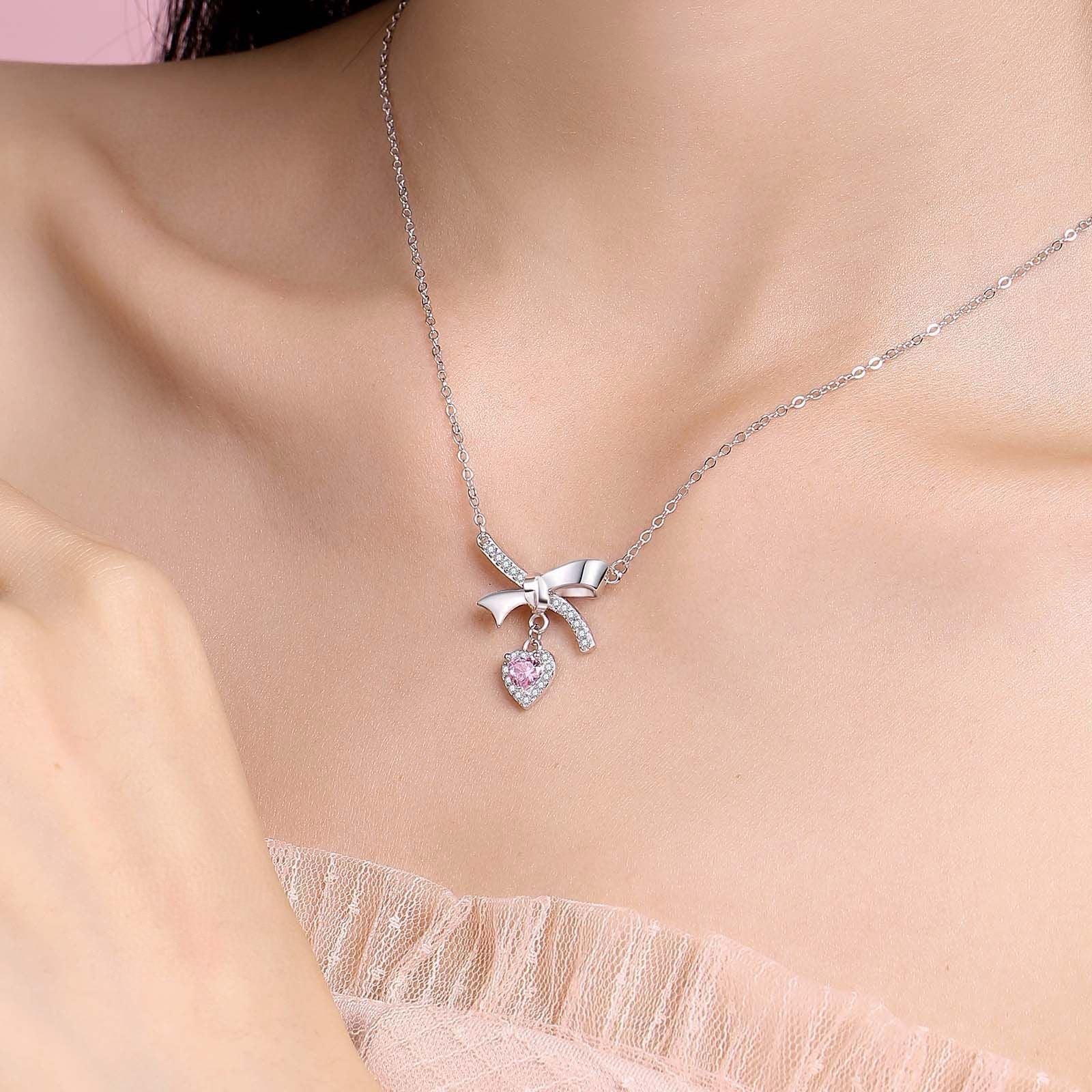 1pcs 999 Sterling Silver Bowknot & Pink Heart Necklace – Elegant Trendy Design, Perfect Valentine's & Birthday Gift