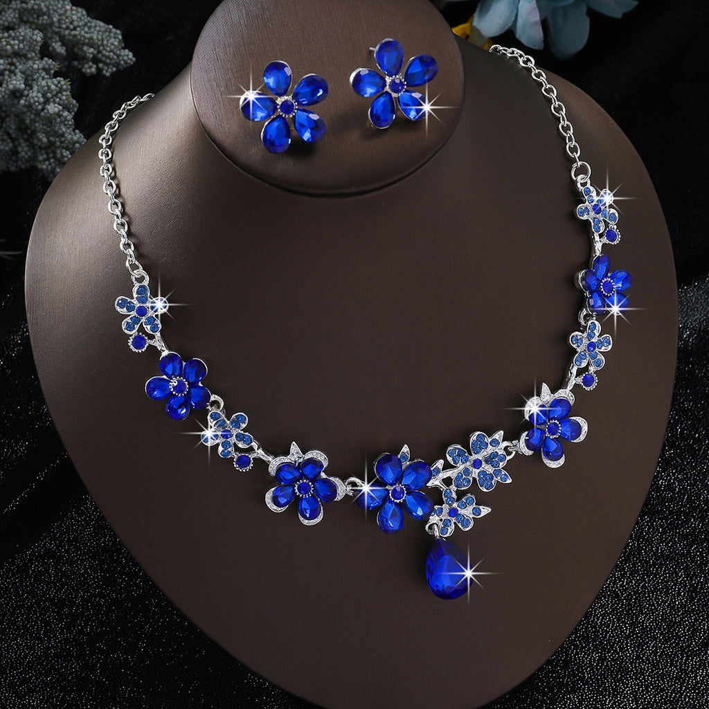 New European & American Alloy Flower Jewelry 2Pcs Set, Luxurious Elegant Cubic Zirconia Necklace & Drop Earrings, Bridal Wedding Banquet Formal Accessories For Women