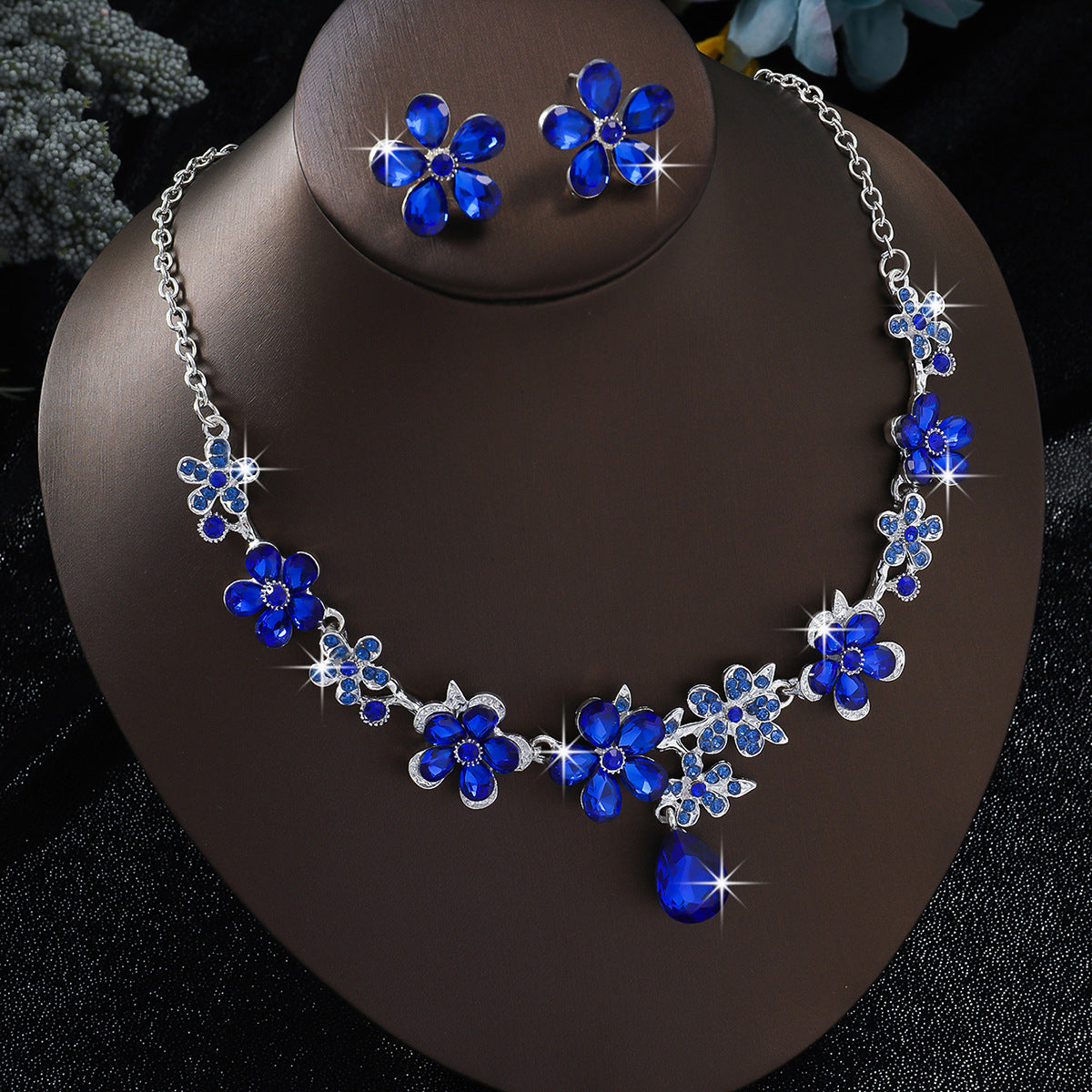 New European & American Alloy Flower Jewelry 2Pcs Set, Luxurious Elegant Cubic Zirconia Necklace & Drop Earrings, Bridal Wedding Banquet Formal Accessories For Women