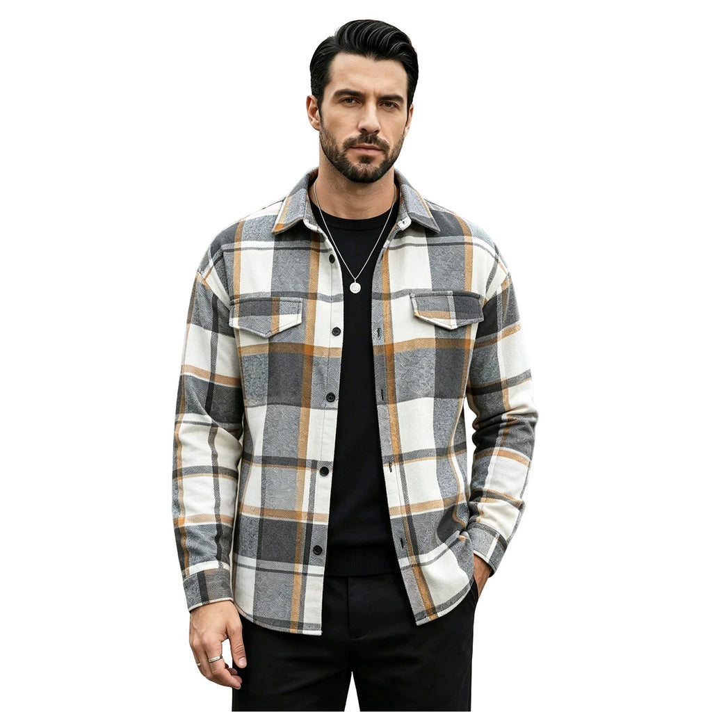 Men's Vintage Brushed Plaid Collared Shirt, Loose Casual Long-Sleeve Plaid Open Jacket