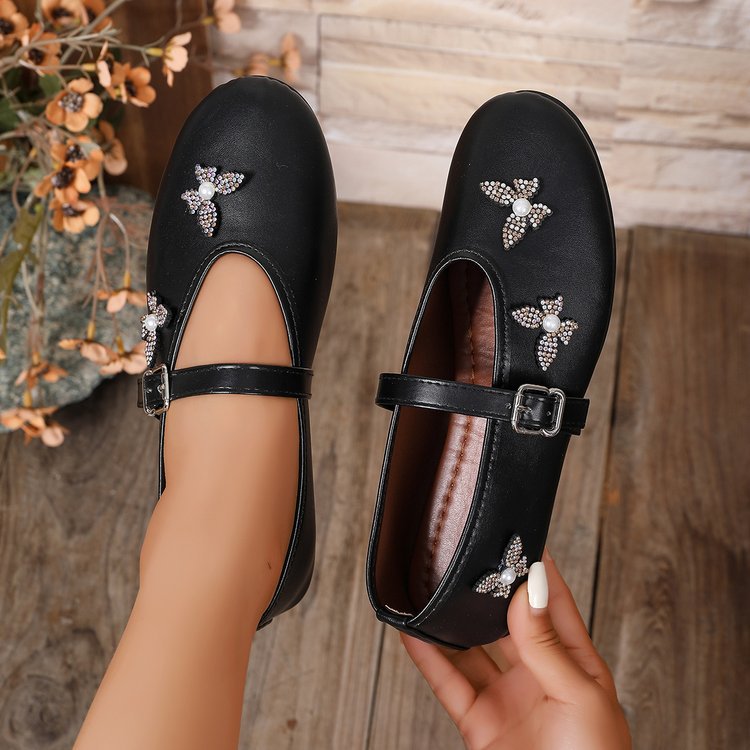 Rhinestone Bow Mary Jane Low-top Pumps Work Shoes
