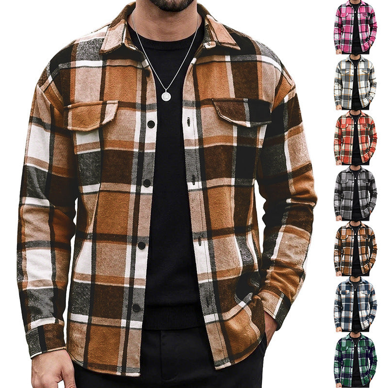 Men's Vintage Brushed Plaid Collared Shirt, Loose Casual Long-Sleeve Plaid Open Jacket