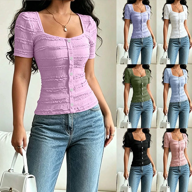 Casual Solid-color Buttoned Square-neck Short-sleeve T-shirt