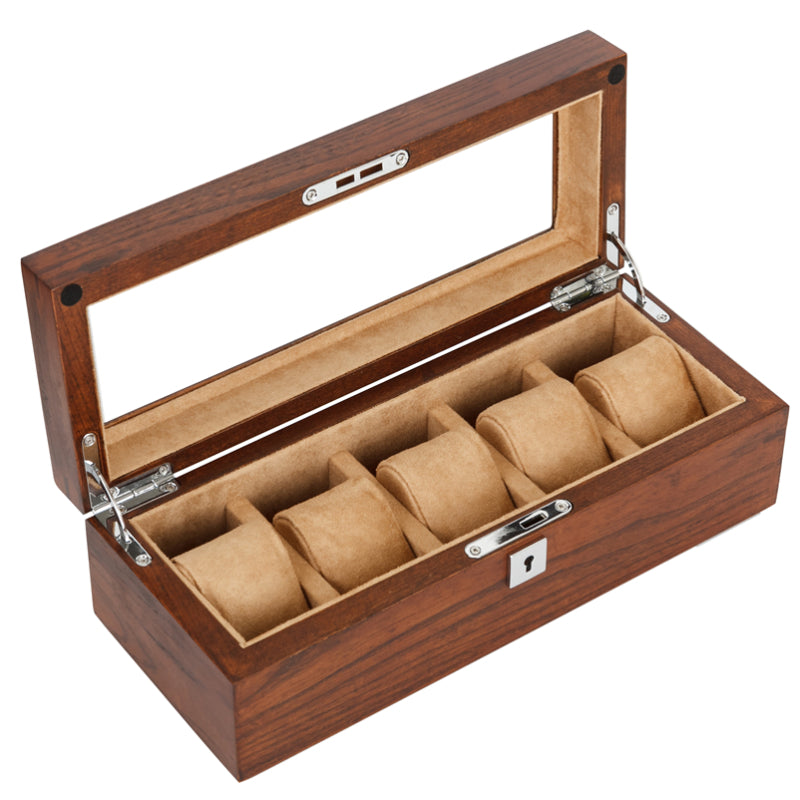 Solid Wood Skylight Watch Box for Display & Storage of Five Mechanical Watches
