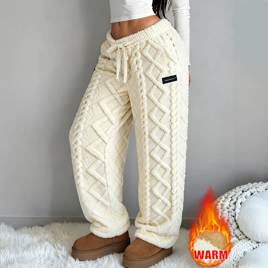 Women’s Cable-Knit Fleece-Lined Trousers – Thickened Warm Wide-Leg Lounge Pants