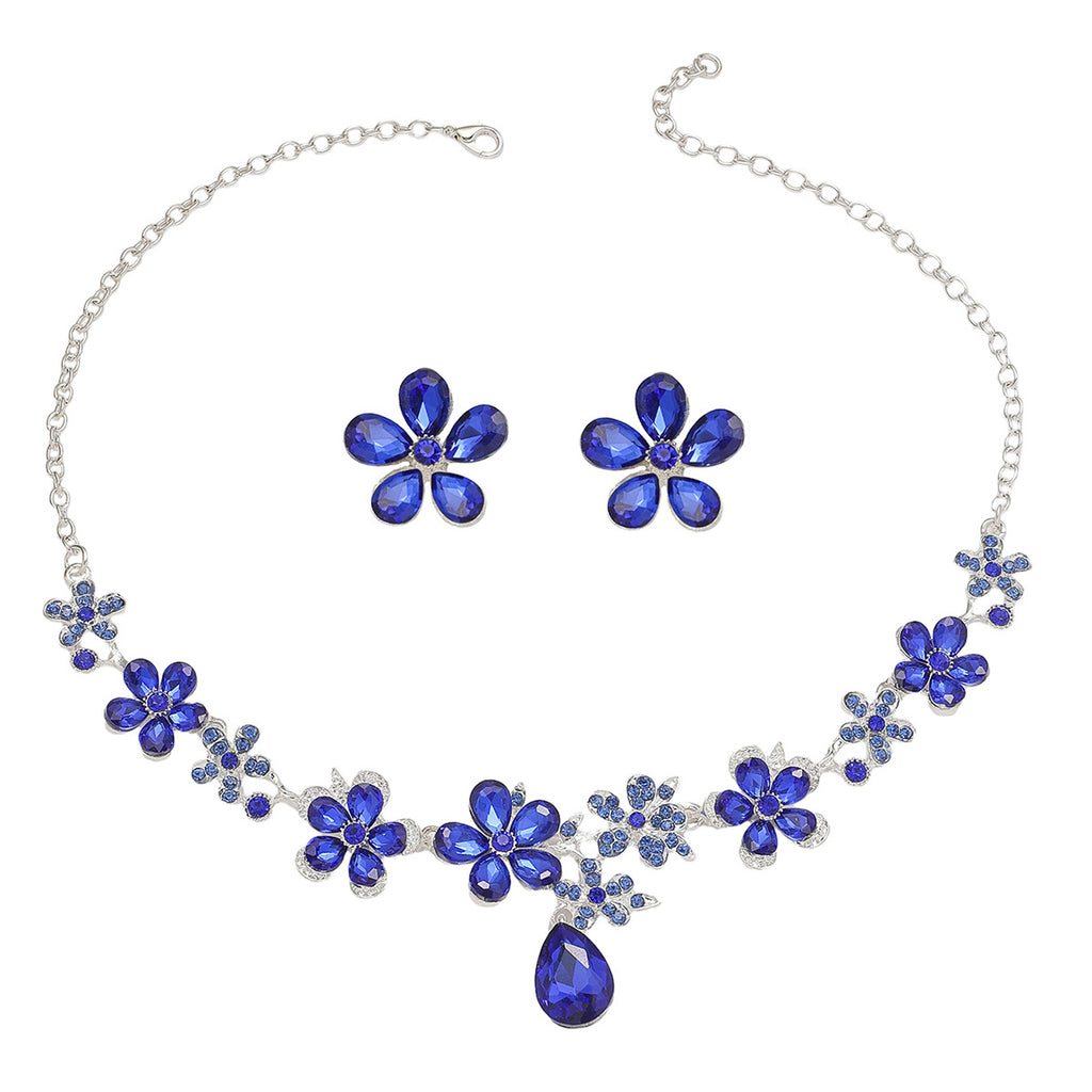 New European & American Alloy Flower Jewelry 2Pcs Set, Luxurious Elegant Cubic Zirconia Necklace & Drop Earrings, Bridal Wedding Banquet Formal Accessories For Women