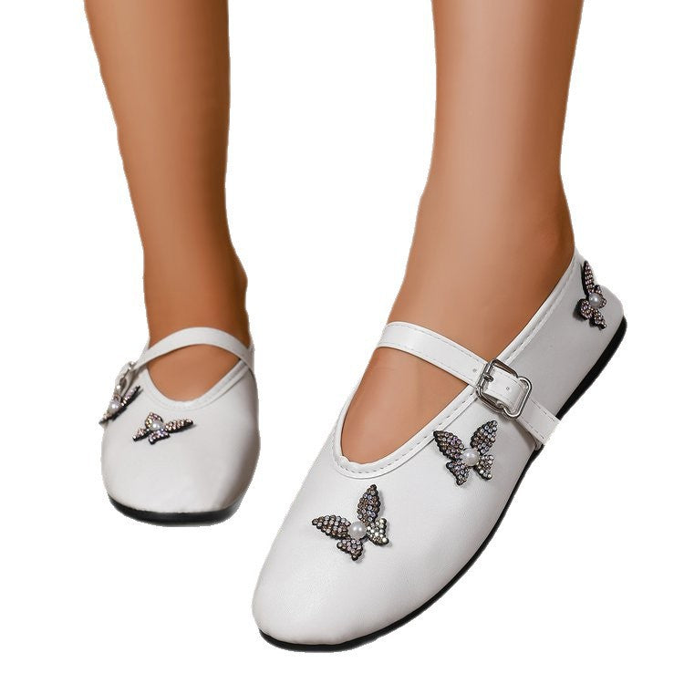 Rhinestone Bow Mary Jane Low-top Pumps Work Shoes