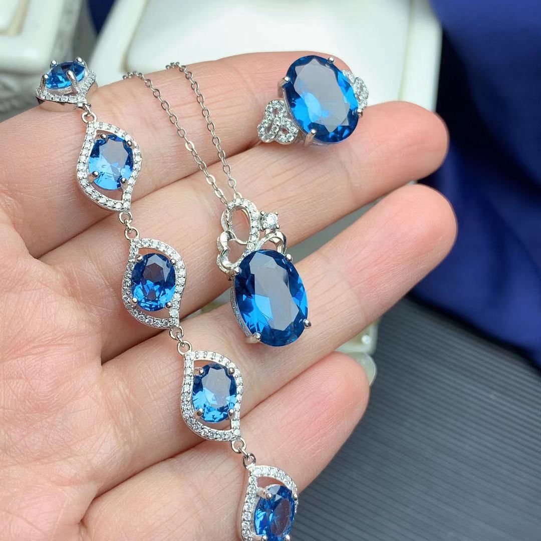 925 Silver Inlaid London Blue Suit, Pendant, Bracelet, and ring set