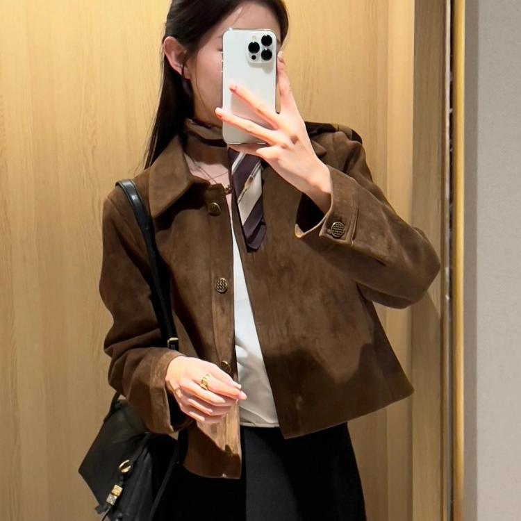 Women’s Retro Faux Suede Short Jacket – Vintage-Style Lightweight Button-Up