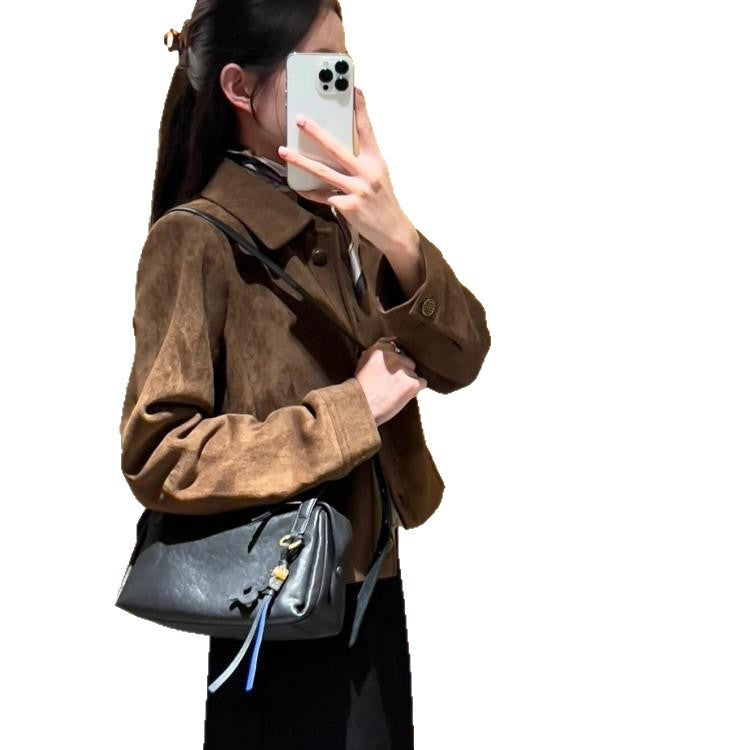 Women’s Retro Faux Suede Short Jacket – Vintage-Style Lightweight Button-Up