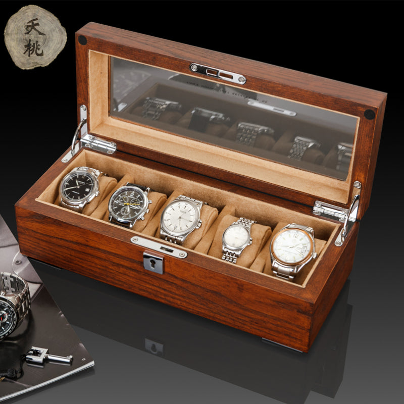 Solid Wood Skylight Watch Box for Display & Storage of Five Mechanical Watches
