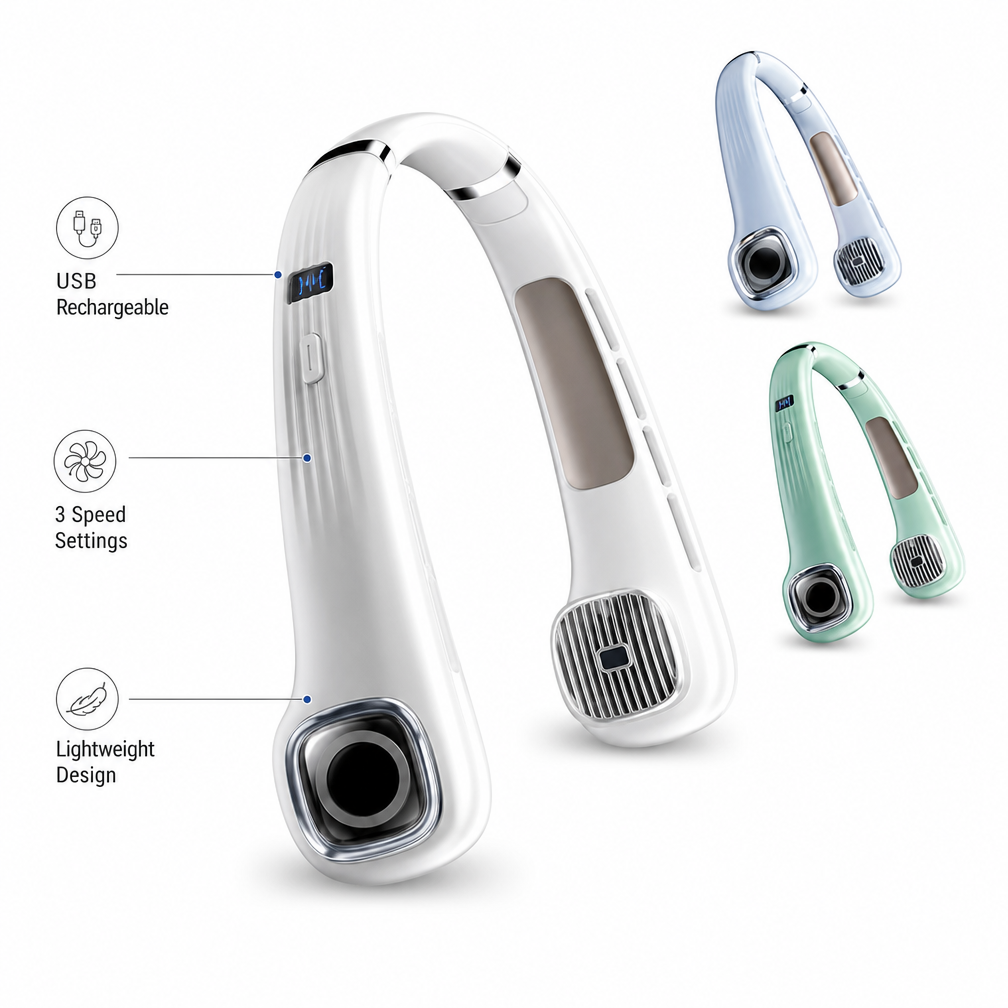 Ultra-Lightweight, Ultra-Quiet Hands-Free Neck Fan for Personal Cooling