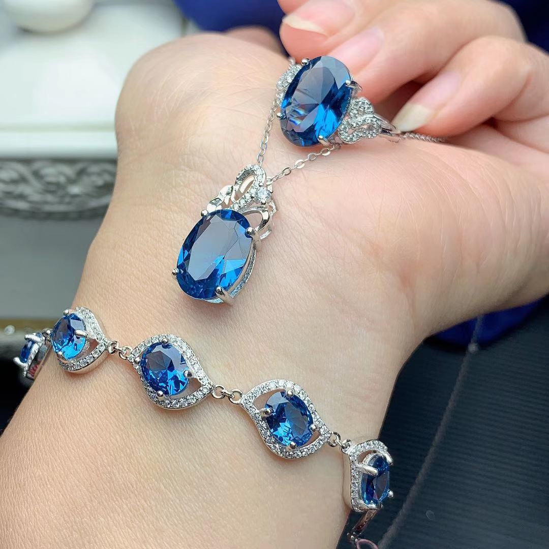925 Silver Inlaid London Blue Suit, Pendant, Bracelet, and ring set