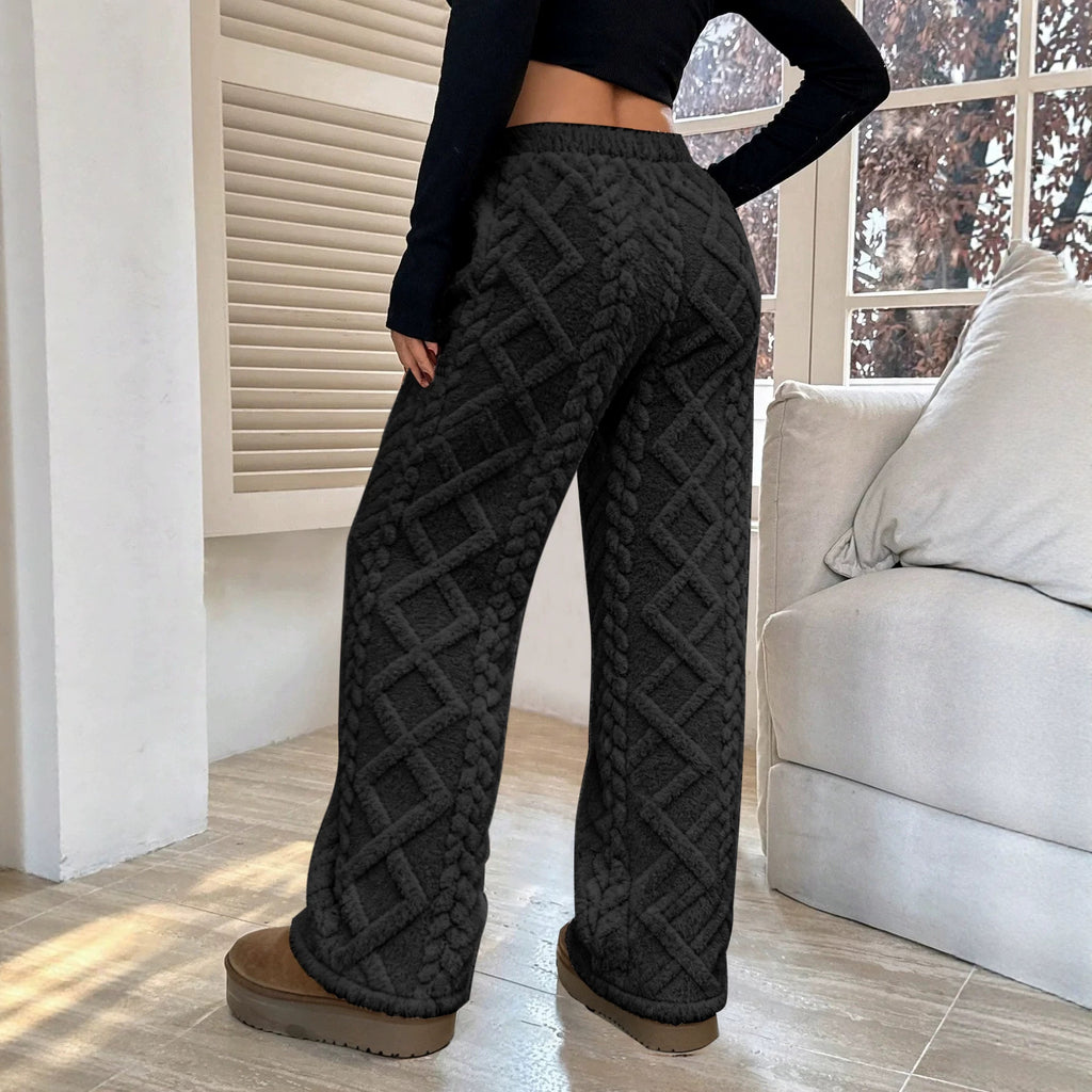 Women’s Cable-Knit Fleece-Lined Trousers – Thickened Warm Wide-Leg Lounge Pants