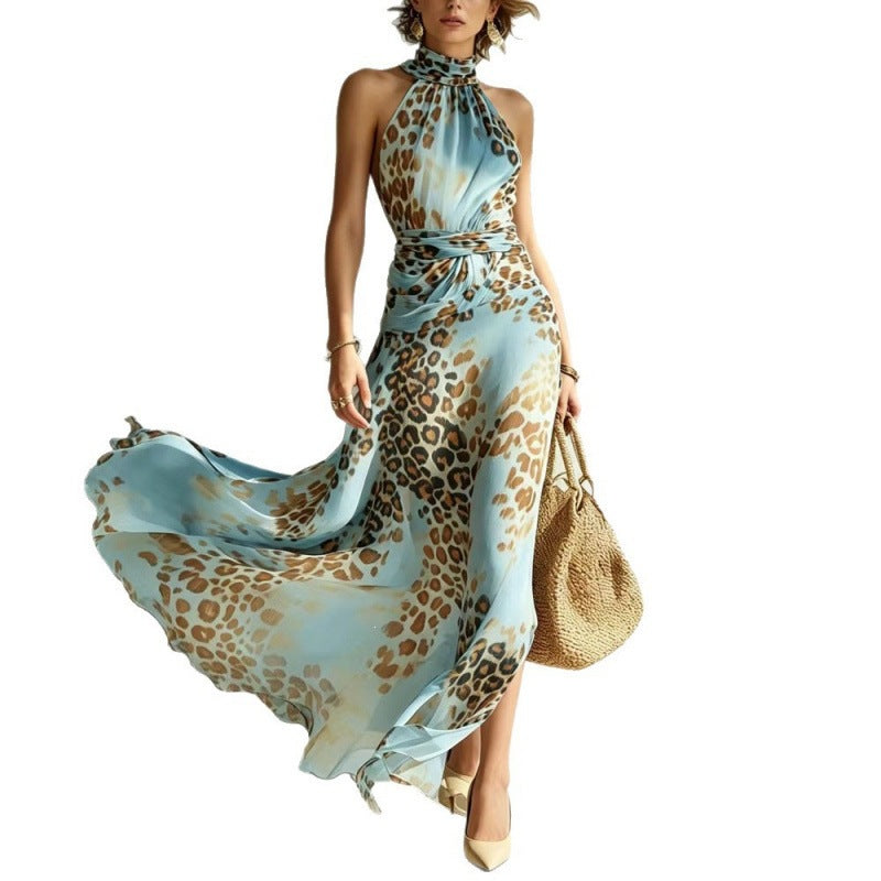 Sleeveless Casual Halterneck Sexy Leopard-print Dress