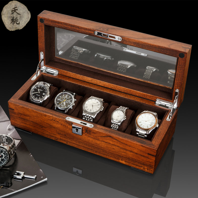 Solid Wood Skylight Watch Box for Display & Storage of Five Mechanical Watches