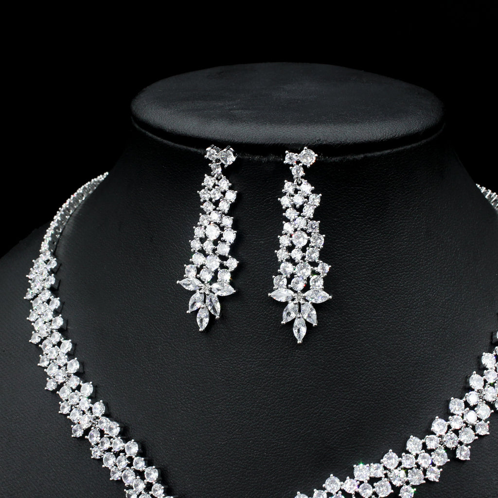 Silver plated Needle Fashion Exaggerated Inlaid Zircon Earrings And Necklace Set