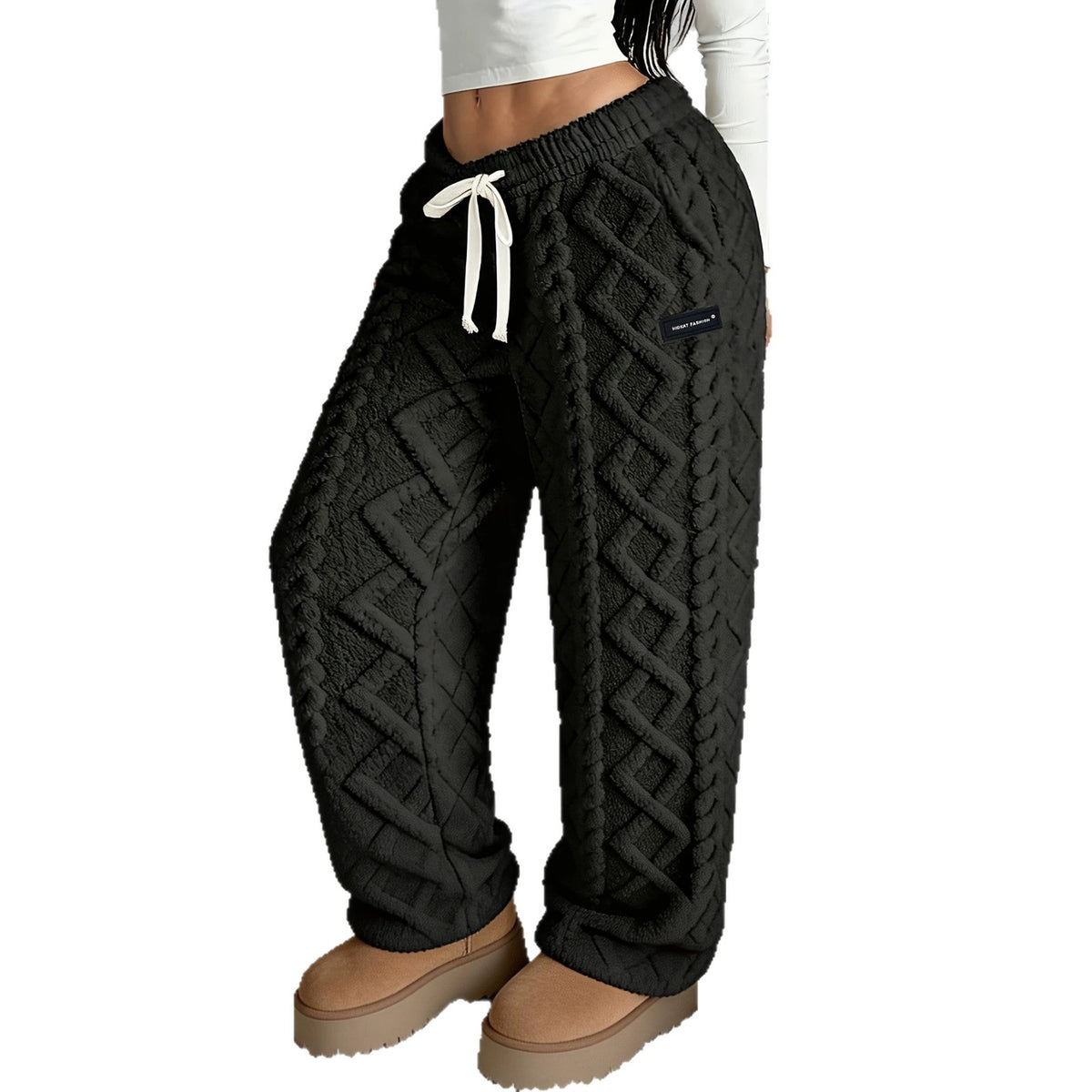 Women’s Cable-Knit Fleece-Lined Trousers – Thickened Warm Wide-Leg Lounge Pants