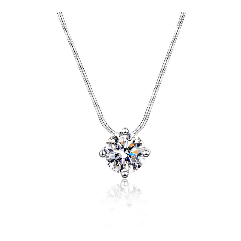 S925 Sterling Silver Moissanite Necklace for Women – Minimalist Four-Prong Setting Choker