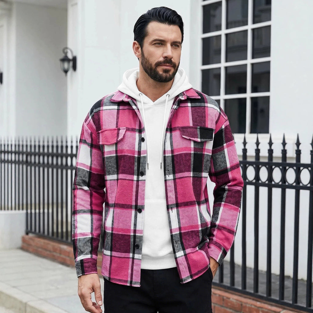 Men's Vintage Brushed Plaid Collared Shirt, Loose Casual Long-Sleeve Plaid Open Jacket
