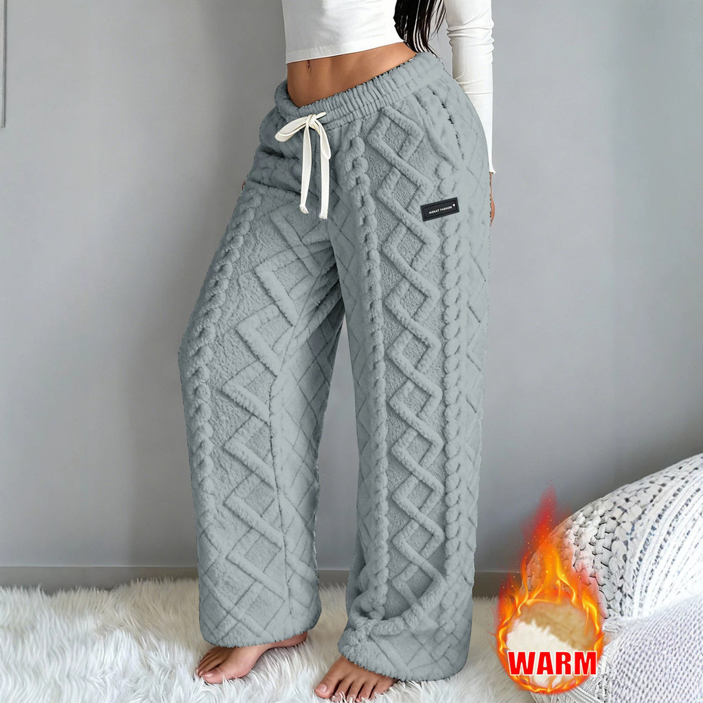 Women’s Cable-Knit Fleece-Lined Trousers – Thickened Warm Wide-Leg Lounge Pants