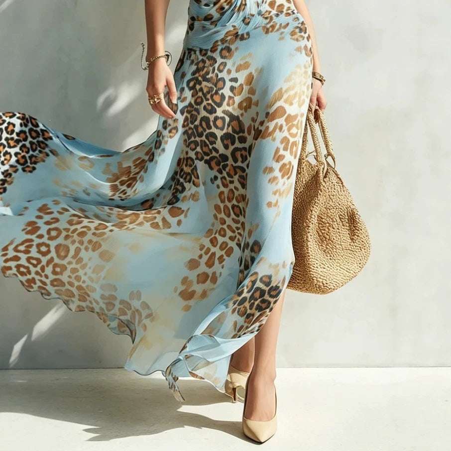 Sleeveless Casual Halterneck Sexy Leopard-print Dress
