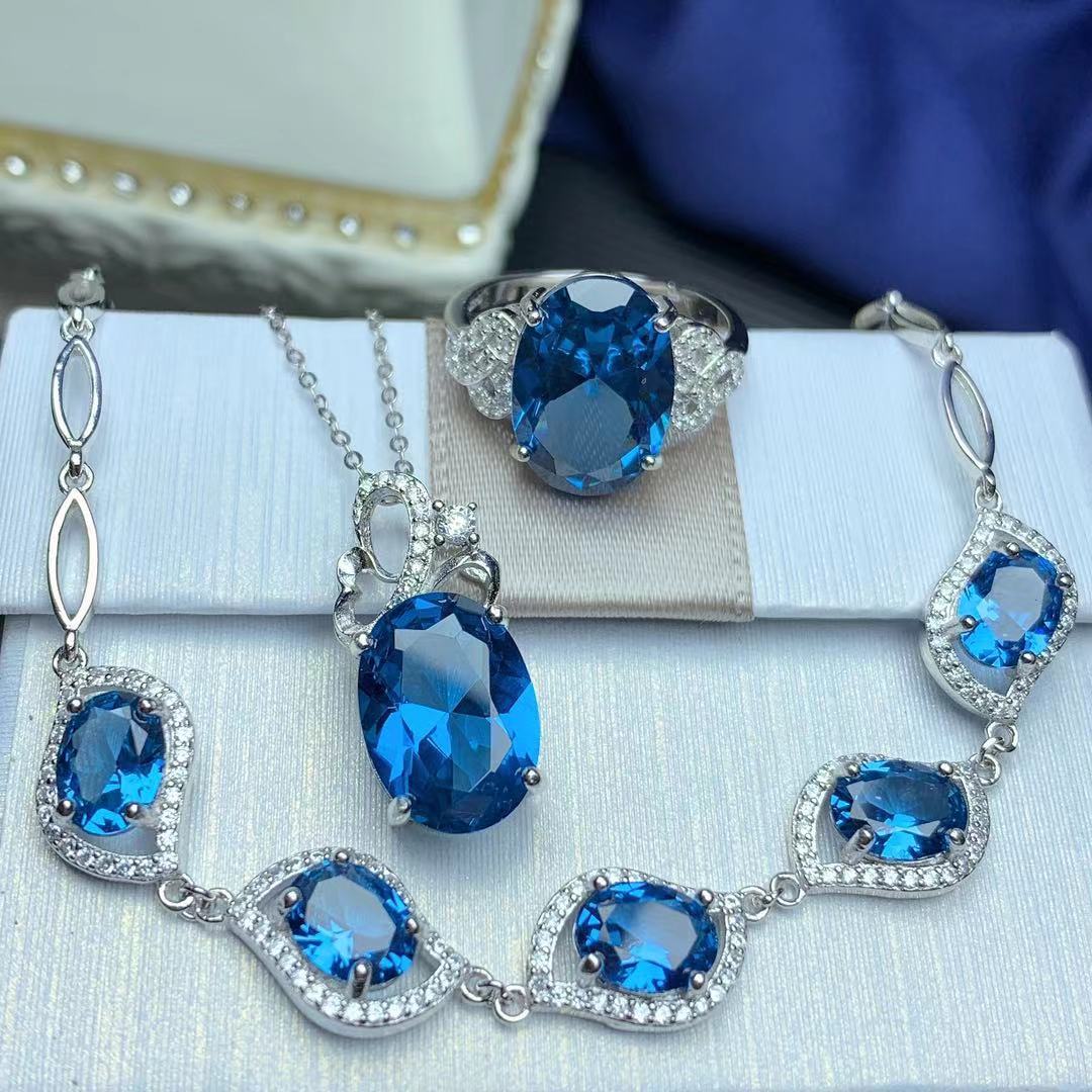 925 Silver Inlaid London Blue Suit, Pendant, Bracelet, and ring set