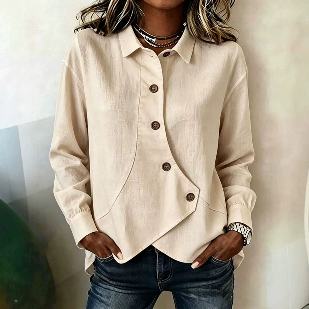 Womens Casual Solid-Color Asymmetrical Long-Sleeve Shirt European And American Style