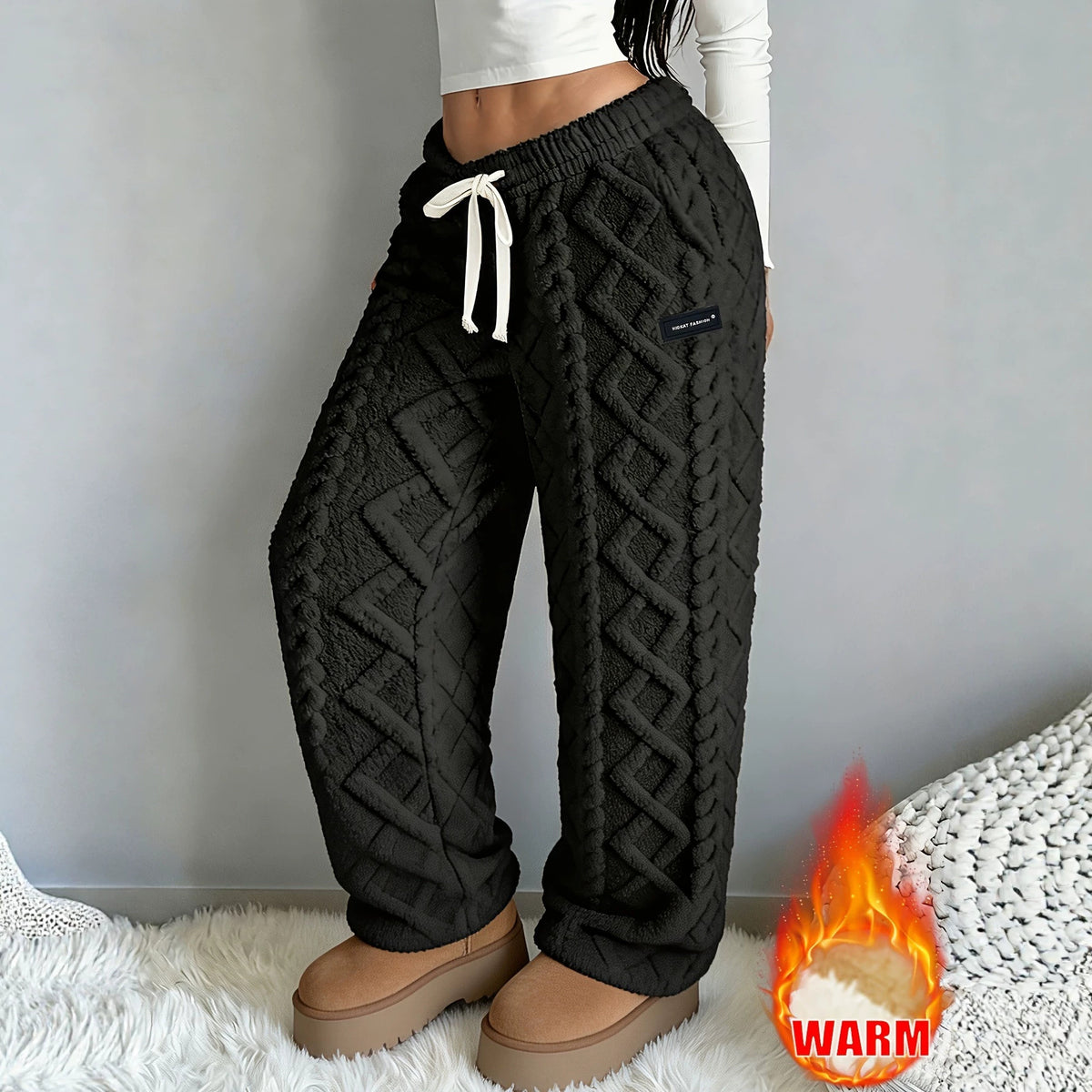 Women’s Cable-Knit Fleece-Lined Trousers – Thickened Warm Wide-Leg Lounge Pants