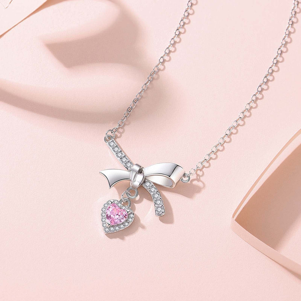 1pcs 999 Sterling Silver Bowknot & Pink Heart Necklace – Elegant Trendy Design, Perfect Valentine's & Birthday Gift