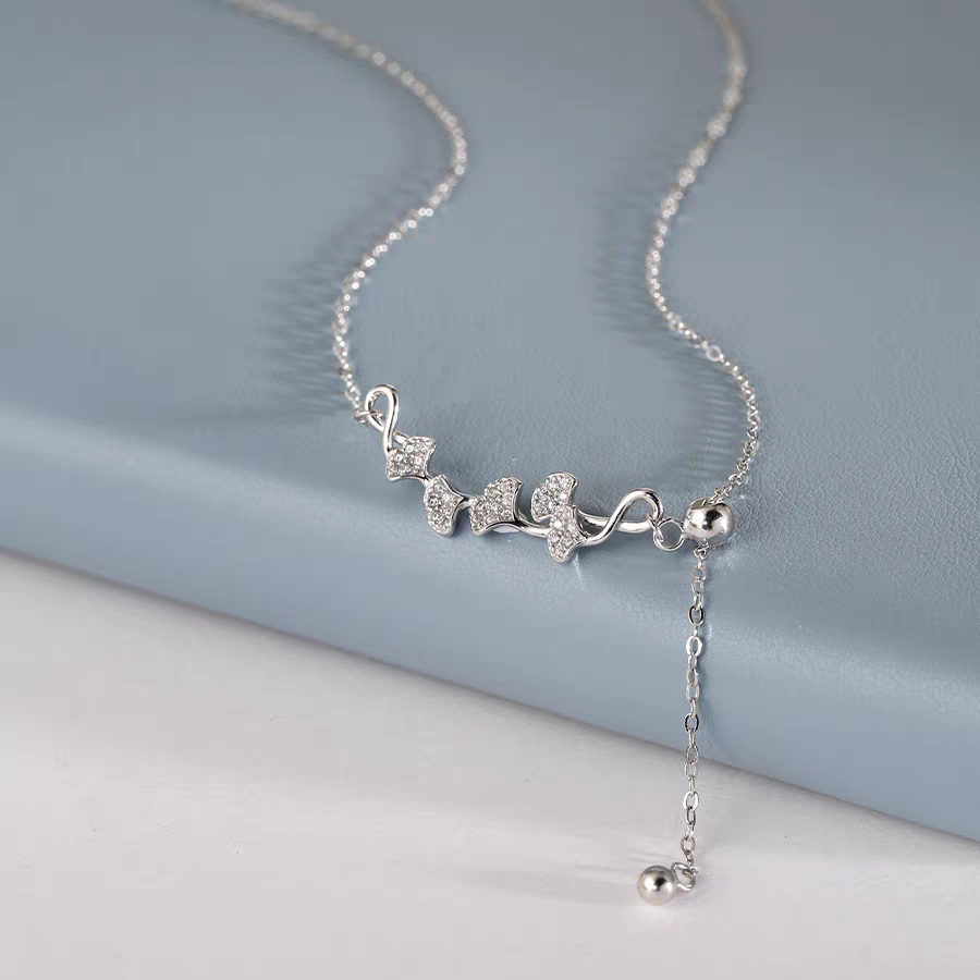 1pc 999 Sterling Silver Diamond-Encrusted Ginkgo Leaf Adjustable Tassel Necklace – Delicate, Luxurious Design Perfect for Daily Wear & Valentine's Day Gifts