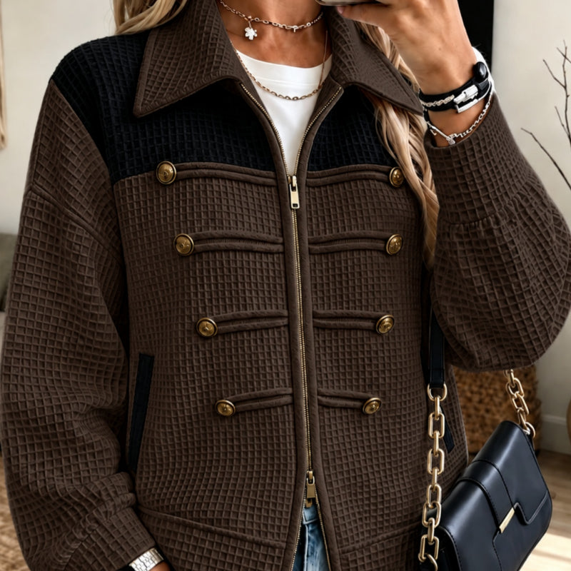 Women’s Military-Inspired Waffle Knit Jacket – Smart Casual Zip-Up Cardigan