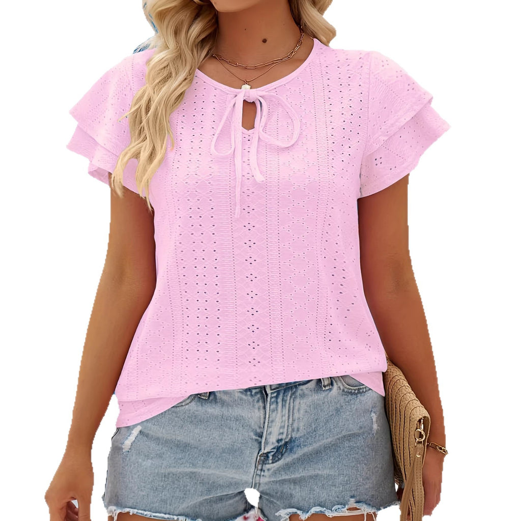 Plus-size Womens Drawstring Ruffled Short-sleeve Top