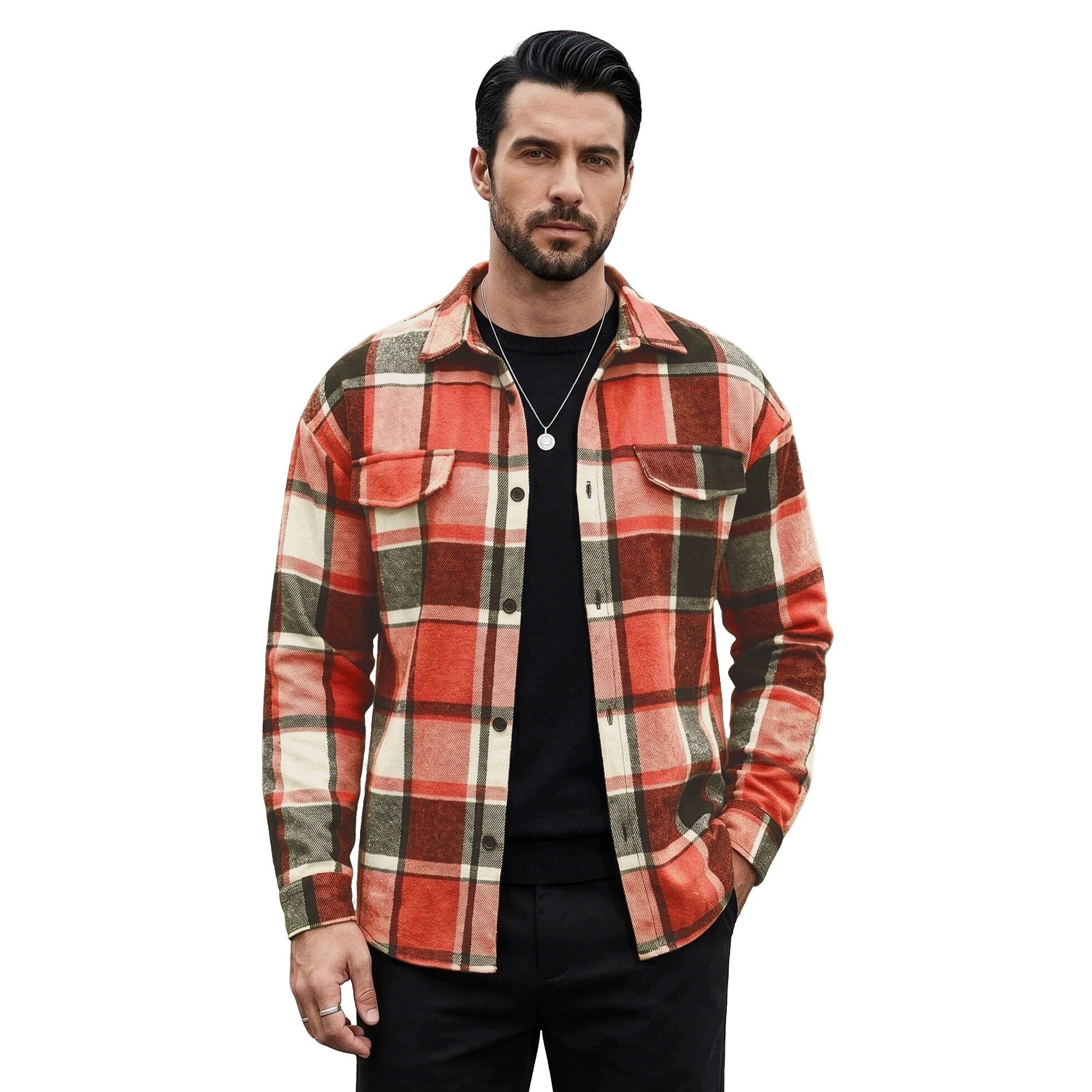 Men's Vintage Brushed Plaid Collared Shirt, Loose Casual Long-Sleeve Plaid Open Jacket