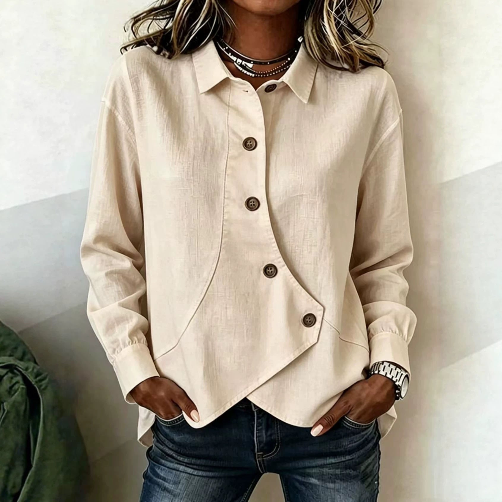 Womens Casual Solid-Color Asymmetrical Long-Sleeve Shirt European And American Style