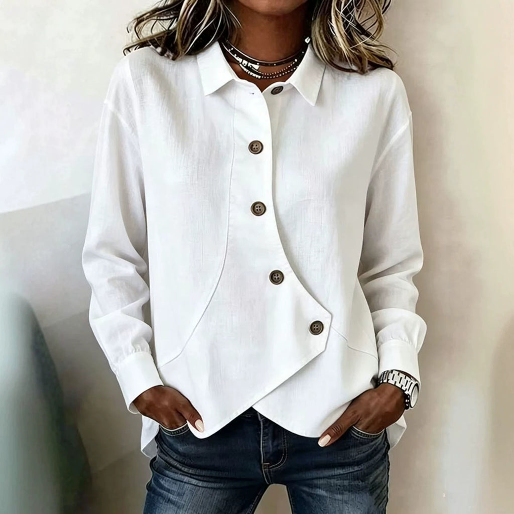 Womens Casual Solid-Color Asymmetrical Long-Sleeve Shirt European And American Style